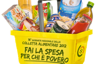 cestello giallo con scritta "Fai la spesa per chi è povero" e all'interno generi alimentari