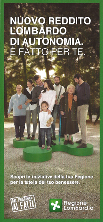  Locandina dell'iniziativa con gruppo di persone giovani, anziane e disabili con il logo di Regione Lombardia