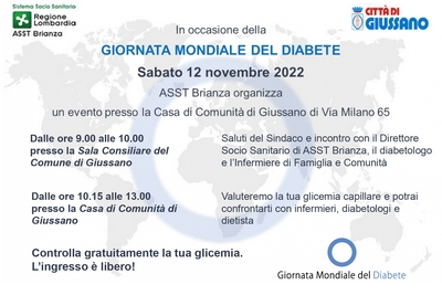 Locandina con gli orari delle due iniziative previste a Giussano in occasione della giornata mondial del diabete