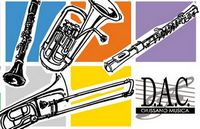 strumenti musicali disegnati su sfondo colorato e scritta D.A.C. Giussano Musica