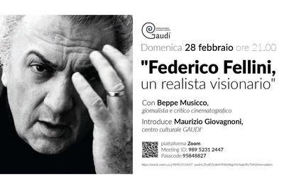 immagine di Federico Fellini e a fianco il nome dell'iniziativa, la data e le persone che intervengono