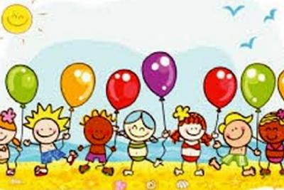 bambini stilizzati con in mano palloncini colorati
