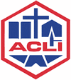 Logo dell'Acli rappresentante un esagono in colore rosso con all'interno una chiesa stilizzata di colore blu e la scritta acli in rosso