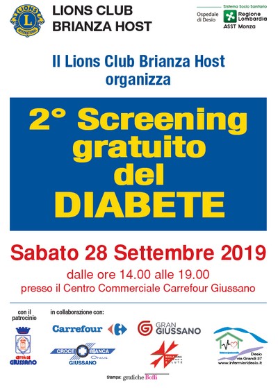 Locandina con scritta 2° Screening gratuito del diabete e logo di Lions Club Host
