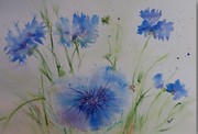 opera dell'artista, fiori blu su sfondo grigio