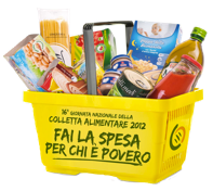 cestello giallo con scritta "Fai la spesa per chi è povero" e all'interno generi alimentari