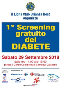 Locandina con scritta 1° Screening gratuito del diabete e logo di Lions Club Host