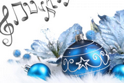 immagine con note musicali e palline di Natale blu e argento