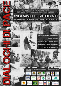 Locandina con titolo dell'incontro e immagini di migranti e rifugiati