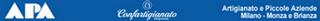 Logo dell'Apa confartigianato rappresentato da un rettangolo di colore blu con all'interno le scritte di colore bianco apa sulla sinistra, confartigianato imprese in centro e sulla parte destra artigianato piccole imprese milano monze e brianza