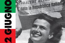 stralcio del manifesto dell'iniziativa con bandiera italiana e volto femminile