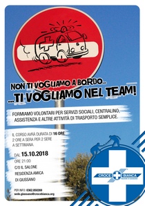 Volantino dell'iniziativa con logo della crocebianca e cartello stradale con disegnata un'ambulanza