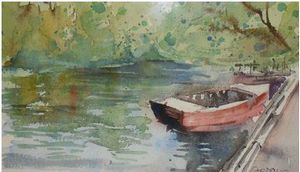 dipinto ad acquarello: paesaggio fluviale con un barca in primo piano