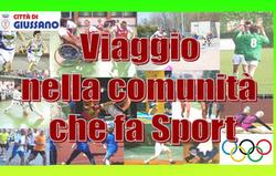 particolare della locandina: sullo sfondo immagini sportive, in primo piano la scritta "Viaggio nella comunità che fa Sport"