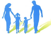 famiglia stilizzata, genitori e due bambini in blu su sfondo bianco