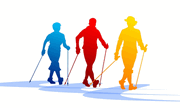 Immagine stilizzata di tre uomini che camminano con la tecnica Nordic Walking