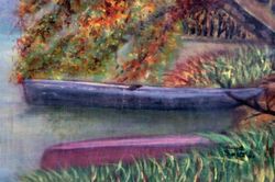 una delle opere in mostra: barca sulla riva di un lago