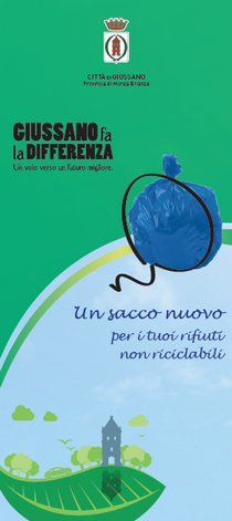 copertina della brochure informativa con immagine di un sacco blu e di una foglia verde con sopra  il simbolo della città di Giussano