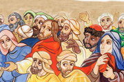 particolare della locandina con immagine di Gesù tra la folla